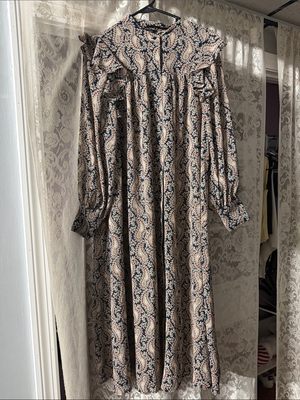 Long Sleeve Paisley Maxi Dress in Beige and Navy